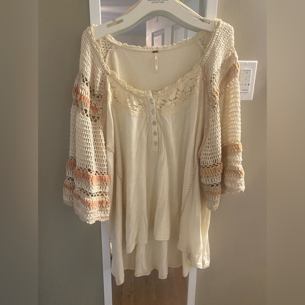 Free People Cream Crochet Sleeve Blouse